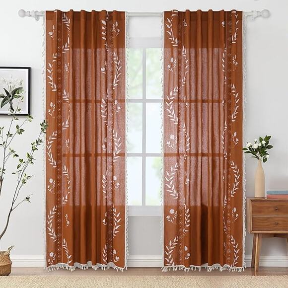 Burnt Orange Boho Tassel Floral Curtains 84" Long Terracotta 2 Panels Linen Look - Picture 1 of 12